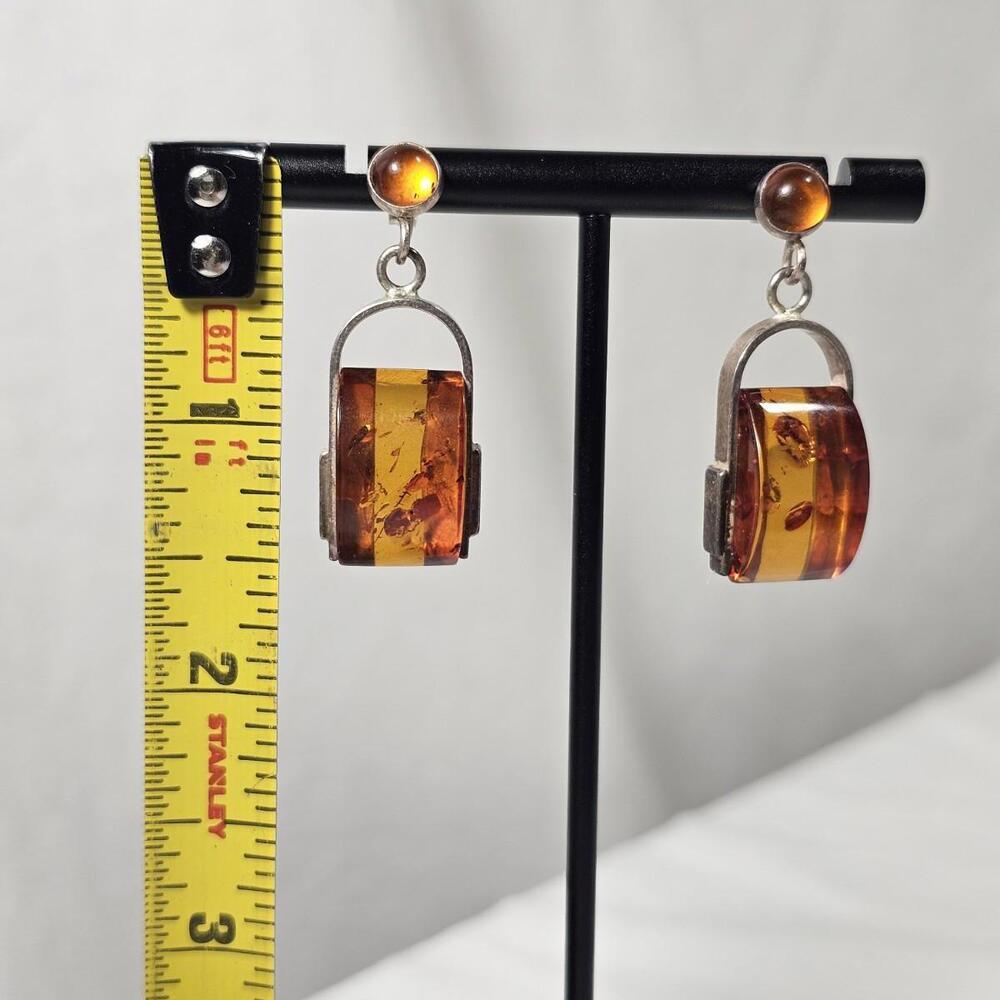 Vintage Sterling Silver Genuine Amber Stone Tube Bar Jar Dangling Stud Earrings - Picture 3 of 10